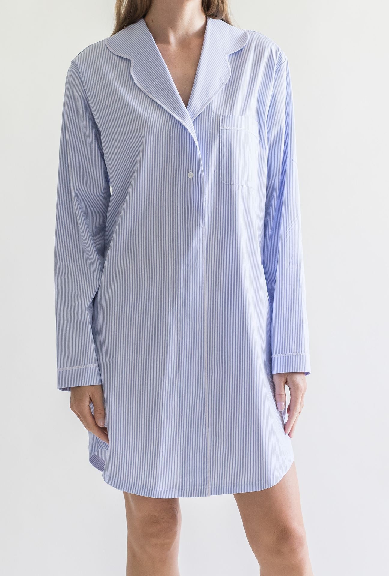 LIGHT BLUE/WHITE STRIPED COTTON NIGHT SHIRT