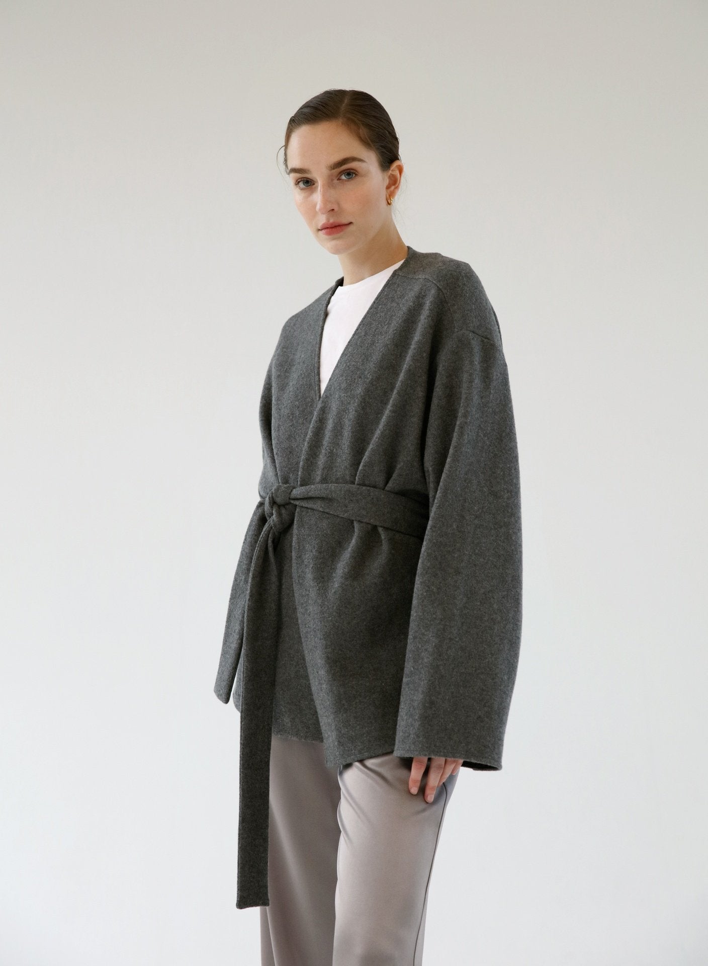 Grey wrap wool coat hotsell