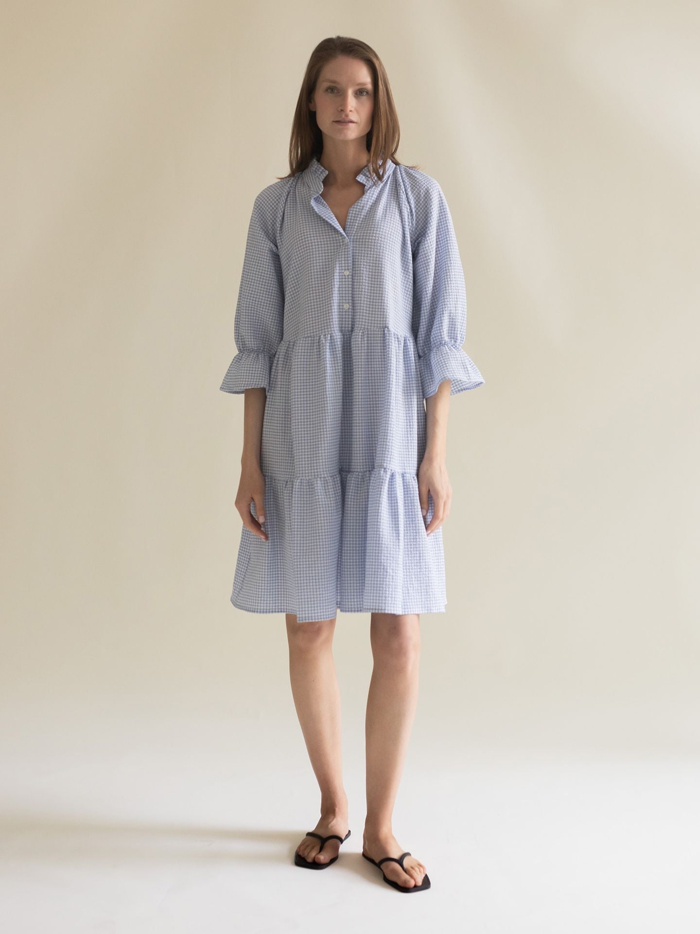 RUFFLED DRESS CHECKER BLUE