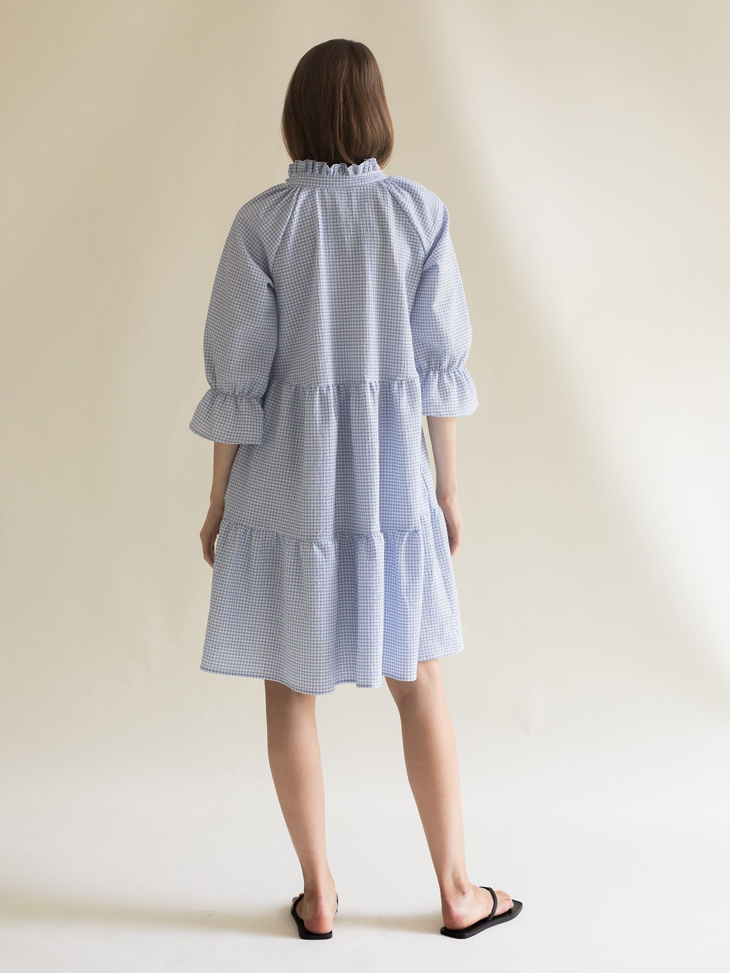 RUFFLED DRESS CHECKER BLUE
