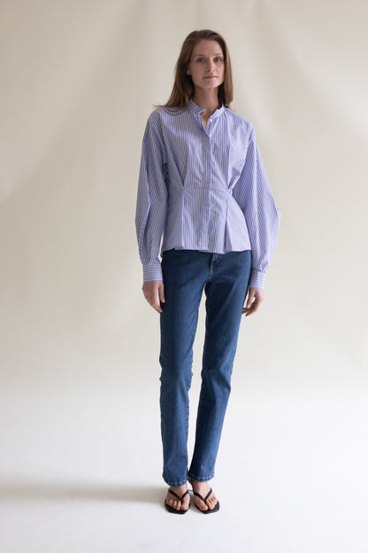 model wearing a gauhar helsinki blue white striped shirt front image
