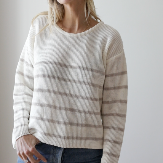 Lightweight linen knit. Off-white, beige stripes. Made in Finland.